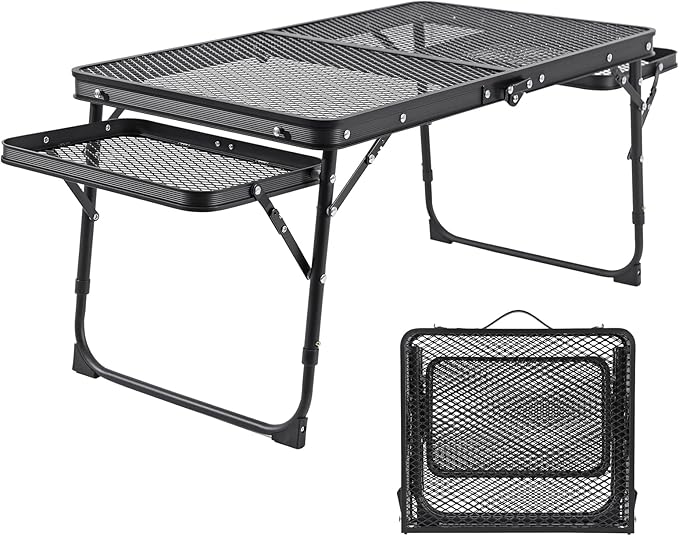 Camping Table Grill Table with Table Extension Board Adjustable Height Folding Tables Mesh Top Portable Grill for Outdoor Indoor Beach BBQ Picnic Travel RV Black
