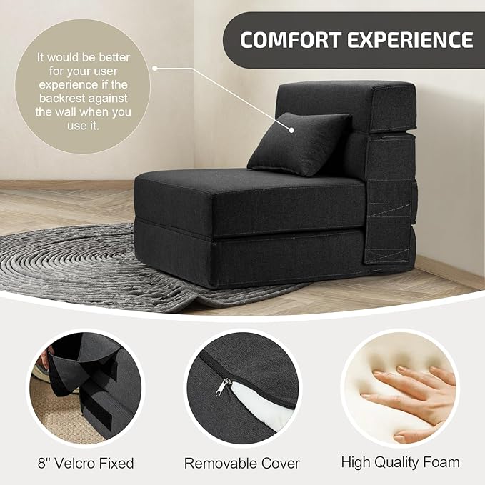 Folding Sofa Bed with Pillow- Convertible Chair Floor Couch & Sleeping Mattress, Foldable Memory Foam Sleeper for Living Room/Dorm/Guest Room/Home Office/Apartment/Loft, Single26, Dark Gray