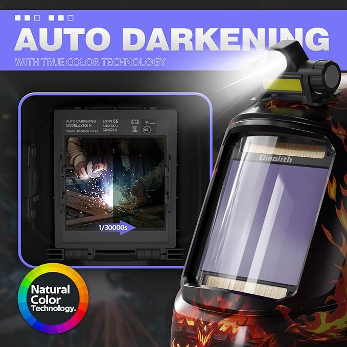 3.93"X3.66" Large Viewing 1/1/1/1 True Color Welding Helmet with Light, 4 Arc Sensor Auto Darkening Welding Hood, Wide Shade 4/5-9/9-13 for TIG MIG Arc Weld Grinding Welder Mask Flame Skeleton