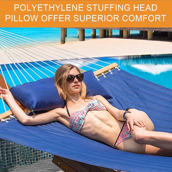 Lazy Daze Hammocks 12 FT Double Quilted Fabric Hammock and 13 FT Brown Wooden Arc Stand, with Spreader Bar, Removable Pillow, 2 Person Hammock for Outdoor Patio Poolside, 450 lb Capacity, Navy Blue