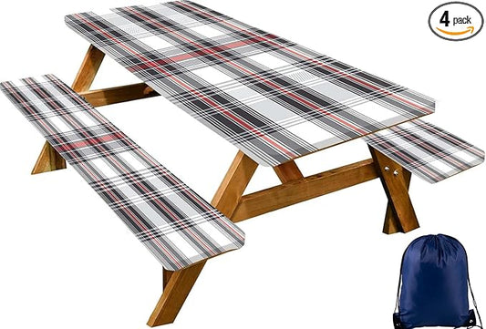 CAPSCEOLL Fitted Picnic Table Cover with Bench Covers with Elastic 6Ft Waterproof Camping Picnic Table Cover Cloths for Outdoors Camping Tablecloth with Drawstring Bag, 72X30in, Grey Red