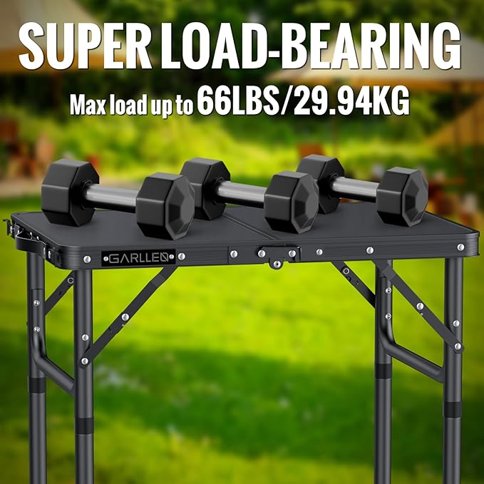 GARLLEN 2ft Folding Camping Table, 3 Adjustable Height Lightweight Picnic Table, Portable Aluminum Grill Table (22.8" L x 15.7" W) for Outdoor, Camping, BBQ, Black