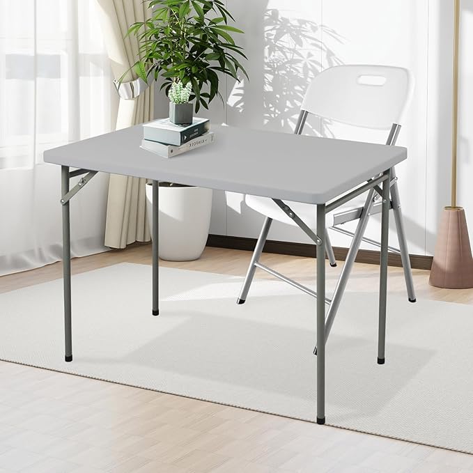 Folding Table 3ft Rectangular All-Occasion Plastic Folding Event Table for Indoor and Outdoor, Portable Desk, Camping, Durable and Stable, HDPE and Steel, Wide Application, Grey