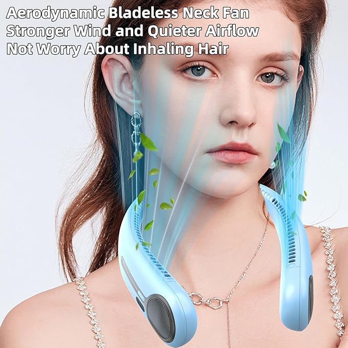 Portable Neck Fan,Gift Ideas,Personal Wearable Bladeless Fan,360° Cooling,LED Display,4-Speeds,6000mAh Rechargeable,Powerful Wind,Outdoor Travel Camping,Birthday Gifts for Men Women (Light blue)