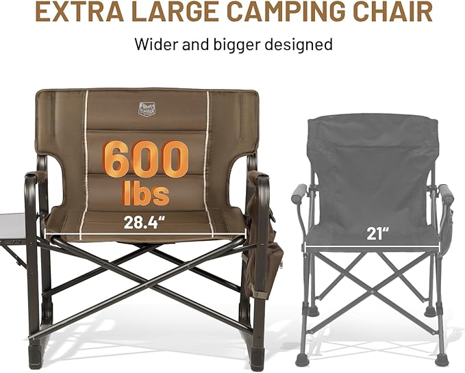 TIMBER RIDGE XXL Upgraded Oversized Directors Chairs with Foldable Side Table, Detachable Side Pocket, Heavy Duty Folding Camping Chair up to 600 Lbs Weight Capacity (Brown) Ideal Gift, 2 Pack