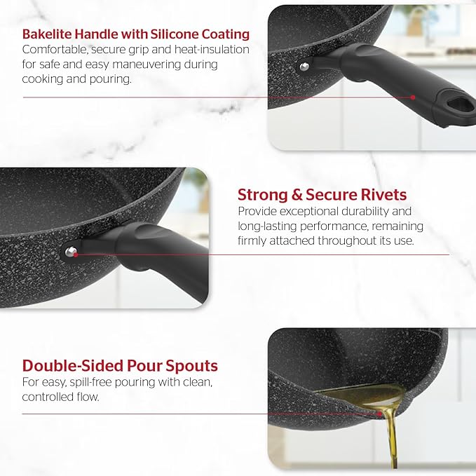 Sunhouse – 10 Inch / 20 cm Non-Stick Deep Frying Pan with Double Pour Spouts, 5-Layer Whitford Non-Stick Coating, PFOA-FREE, Stay-Cool Handle, Induction Compatible with All Cooktops