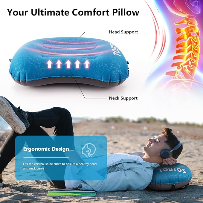 TOBTOS Inflatable Camping Pillow for Camping, Ultralight Backpacking Pillow, Ergonomic Support for Neck & Lumbar, Blow Up Air for Travel, Hiking, Outdoor (Navy Blue)