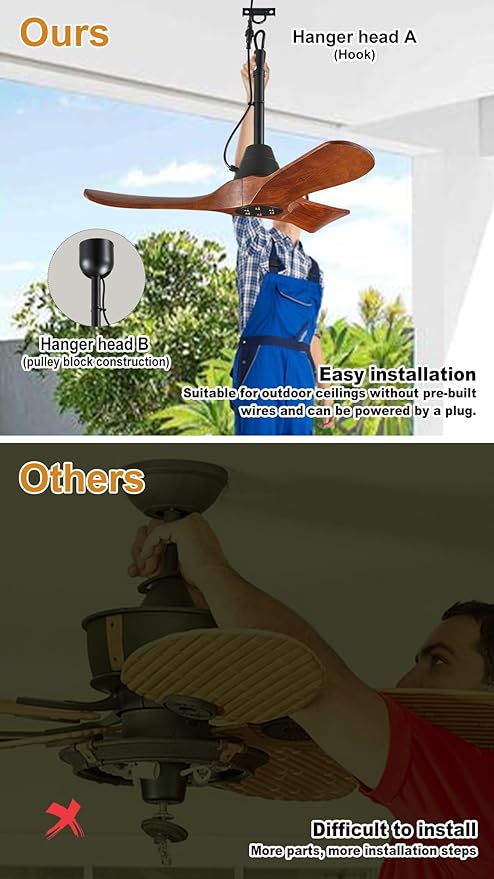 3 Blades Wood Outdoor Ceiling Fan for Patios, Farmhouse Rustic Ceiling Fans, 34" Plug-in Wet Rated Outdoor Gazebo Fan for Exterior House Porch Patio, Waterproof,F246