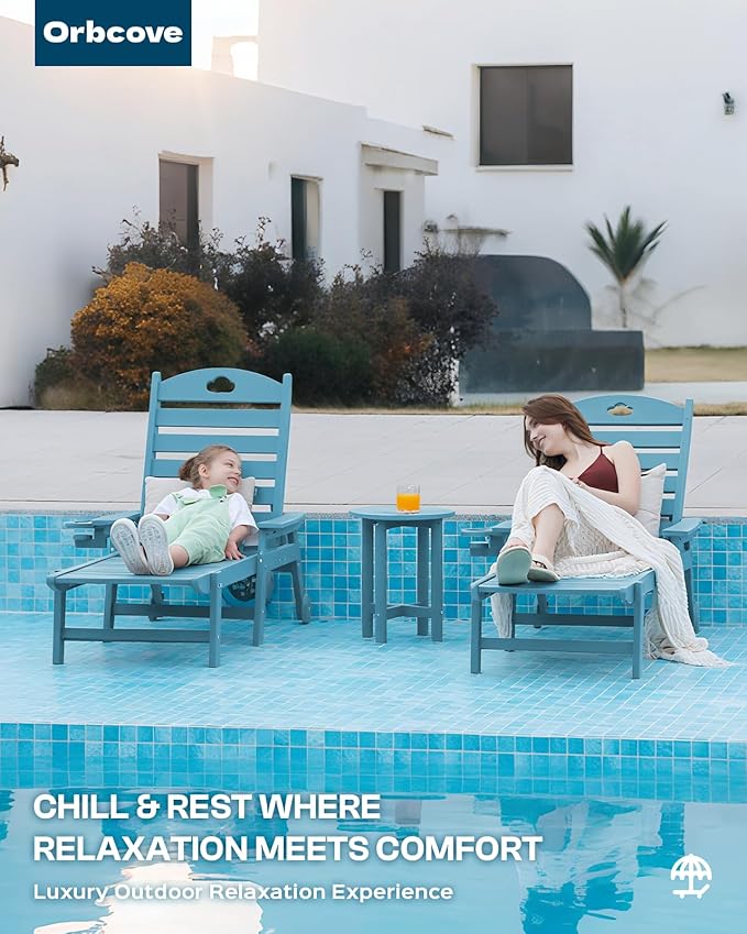 Oversized Chaise Lounge Chair Outdoor with Wheels & Cup Holder, 6-Position Adjustable HDPE Patio Lounge Chair for Poolside, Garden, Deck & Lawn (Light Blue, 2-Piece)