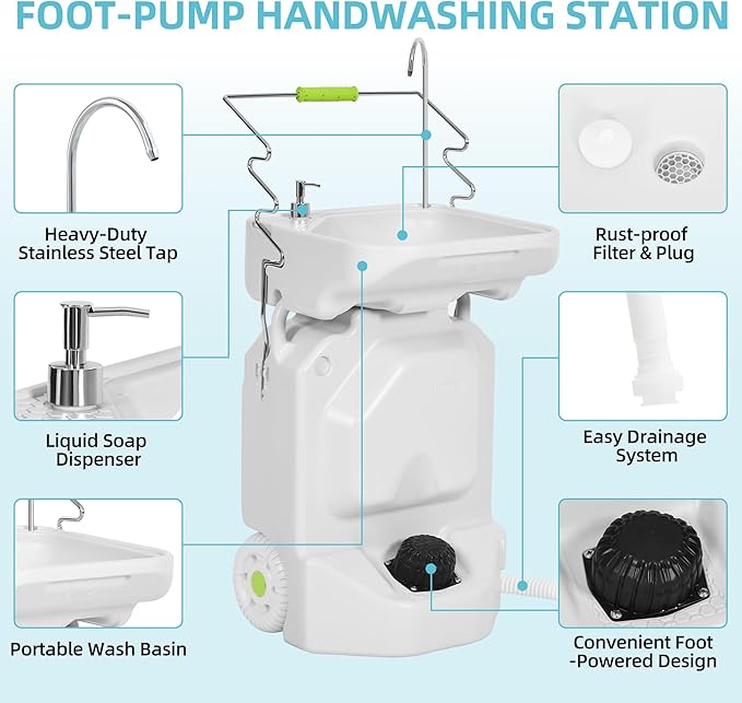 YITAMOTOR 38L Portable Camping Sink, Portable Hand Washing Station with Adjustable Wash Basin, Large Wheels, Foot Pump, Towel Holder Soap Dispenser for Outdoors, Garden, Camping, Worksites, Camping