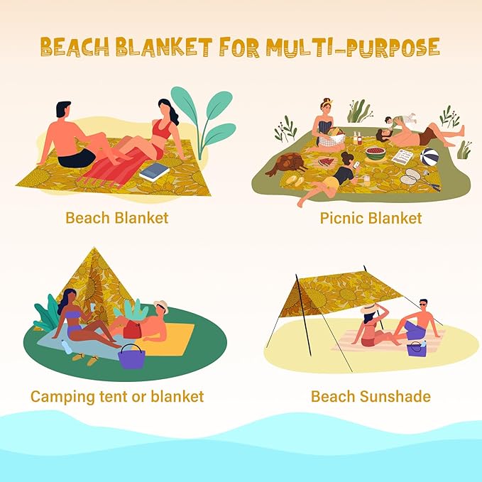 Beach Blanket Waterproof Sandproof 1-7 Adult Oversized 78 '' × 110 '' Lightweight Durable Compact Sand Free Beach Mat for Travel Camping Hiking Picnic Blanket Extra Large