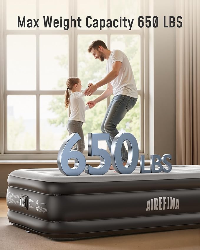 Airefina Twin Air Mattress with Built in Pump Raised, Comfort Twin Blow Up Mattress Upgraded Inflatable Mattress for Camping Guest Home, 2 Mins Quick & Fast Inflation Air Bed, Colchon Inflable