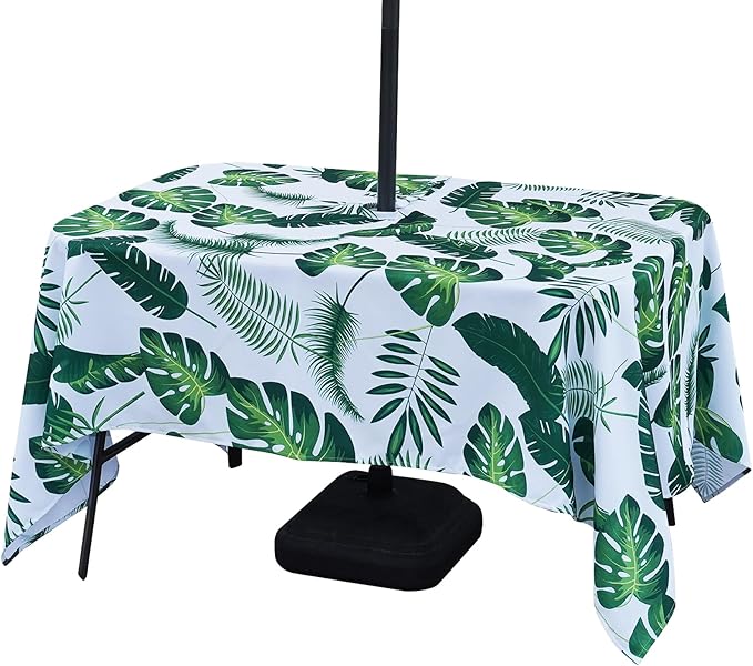 Poise3EHome Outdoor Tablecloth Rectangle with Umbrella Hole Waterproof Tropical Green Tablecloth for Spring Picnic Party Patio Table Camping, Palm Leaf (52X70 Zipper)