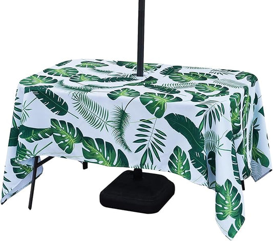Poise3EHome Outdoor Tablecloth Rectangle with Umbrella Hole Waterproof Tropical Green Tablecloth for Spring Picnic Party Patio Table Camping, Palm Leaf (52X70 Zipper)