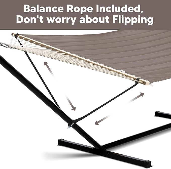 SUNCREAT 55 Inch Extra Large Double Hammock with 12 ft Stand, 475lbs Capacity, Outdoor Portable Hammock with Hardwood Spreader Bar, Extra Large Pillow, Brown