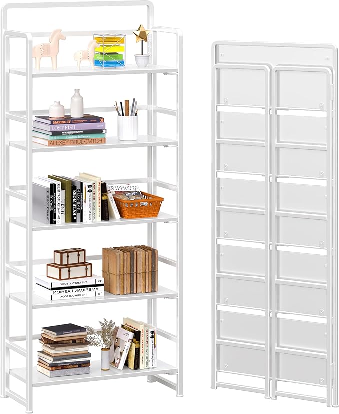 4NM No-Assembly 5 Tiers Folding Bookshelf Storage Shelves Vintage Bookcase Standing Racks Study Organizer Home Office (All White)