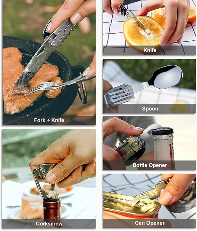 6 in 1 Detachable Camping Utensils Flatware Set, Multifunction Travel Pocket Cutlery Folding Spoon, Fork, Knife, Wine Bottle Can Opener Portable Combo Set Stainless Steel