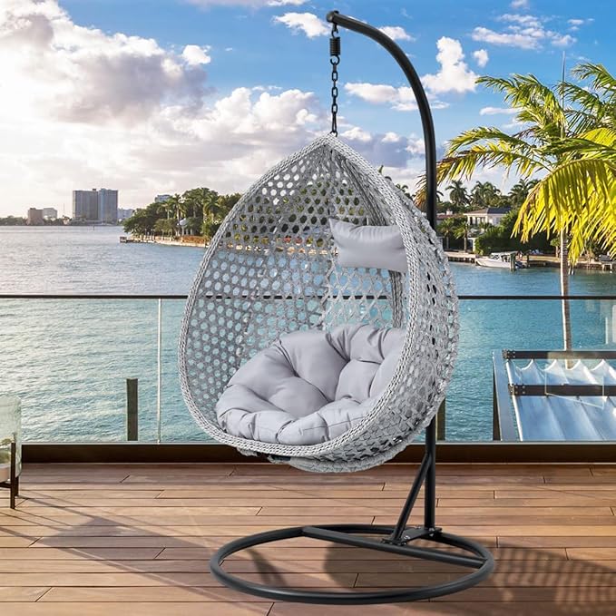 JUFU Egg Swing Chair with Stand,Hanging Egg Chair Indoor Outdoor,Hammock Hanging Basket Chair with Aluminum Steel Frame，Patio Egg Chair with Removable Cushions for Patio Balcony Backyard,Bedrooms