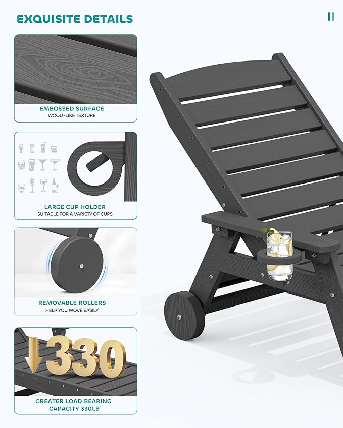 SERWALL Patio Chaise Lounge Chair Set of 2 with 9FT Patio Umbrella, 78'' HDPE Outdoor Lounger 5 Positions Adjustable, Poly Lounge Chair with Rolling Wheels & Cup Holder for Pool,Slate Gray