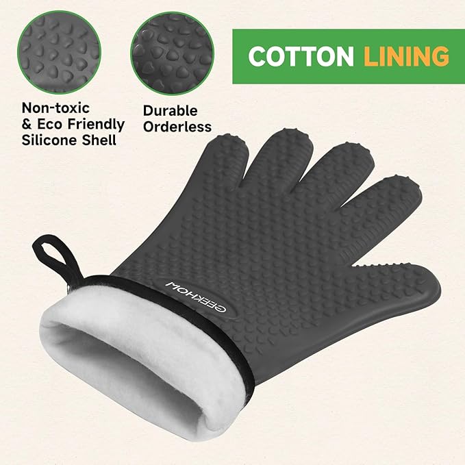 GEEKHOM BBQ Gloves Heat Resistant Oven Mitts - Silicone Grilling Gloves with 13.7" Arm Protection - Waterproof Pot Holder Non-Slip for Men & Women, Kitchen Outdoor Cooking, Baking, Camping, Gray