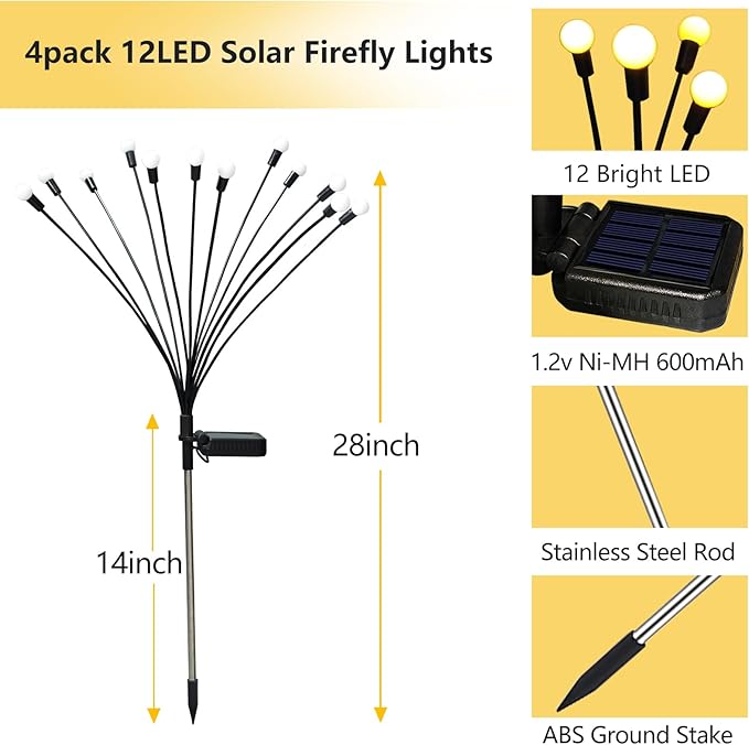Solar Garden Lights Outdoor, 4 Pack 40 LED Solar Firefly Lights Waterproof, Sway by Wind, Swaying Light for Yard Patio Backyard Garden Planter Flower Bed Pathway Outdoor Decoration (Warm White)