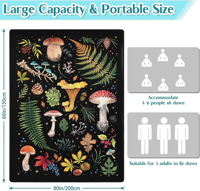Mushroom Picnic Blankets Waterproof Foldable, 60″X80″Thick Three Layer Picnic Mat Outdoor Blanket for Grass,Cute Beach Blanket Sandproof Picnic Accessories for Camping Party Park Hiking