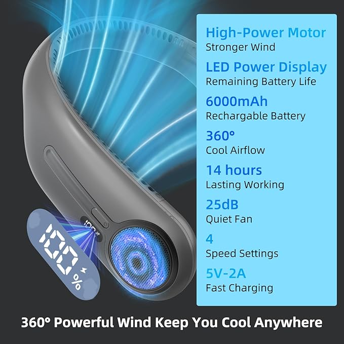 Portable Neck Fan,Gift Ideas,Personal Wearable Bladeless Fan,360° Cooling,LED Display,4-Speeds,6000mAh Rechargeable,Powerful Wind,Outdoor Travel Camping,Birthday Gifts for Men Women (Dark grey)