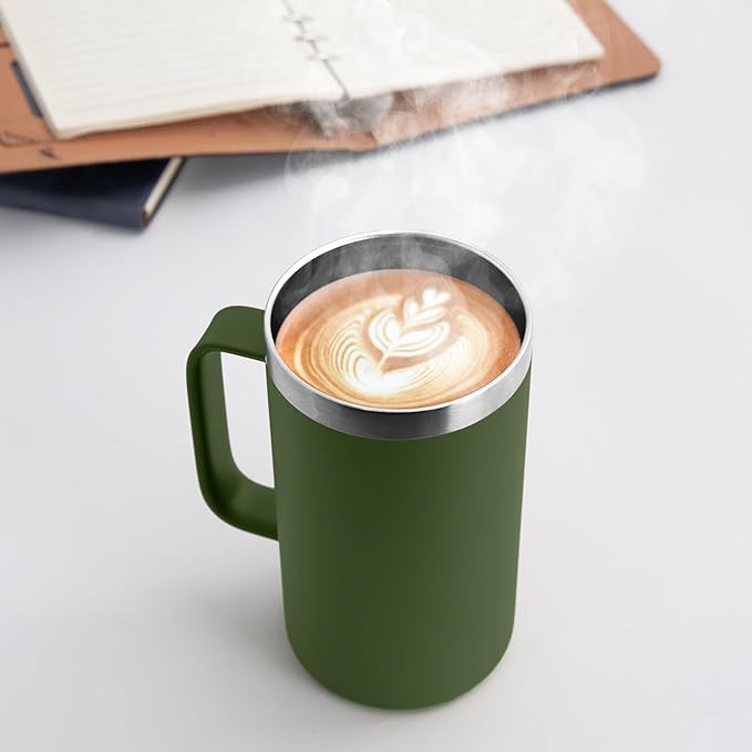 DOMICARE 24oz Mug with Handle and Lid, Stainless Steel Coffee Mug, Travel Mug with Handle, Double Wall Vacuum Coffee Tumbler, Reusable Insulated Cup, Army Green, Pack 4