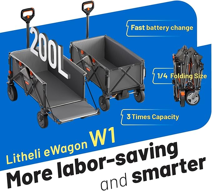 Litheli Electric Utility Wagon Cart, 200L Capacity, 300 lbs Load, Foldable Heavy-Duty Design with All-Terrain Wheels, Variable Speed Drive & Battery Power for Camping, Beach, Garden & Shopping