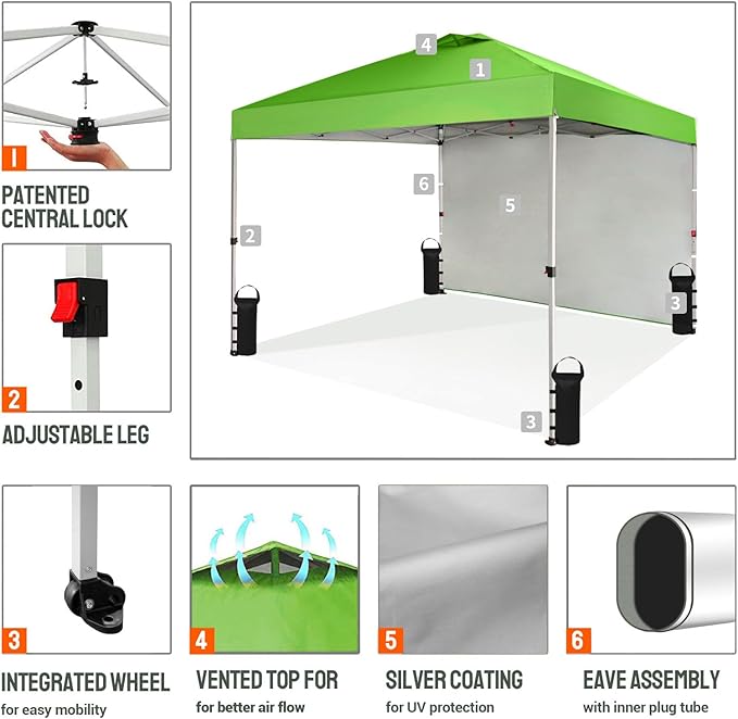 CROWN SHADES 10x10 Pop Up Canopy with 1 Side Wall - Beach Tent with One Push Setup - Outdoor Sun Shade for Events, Parties, Camping - Gazebo with STO-N-Go Cover Bag (Green)