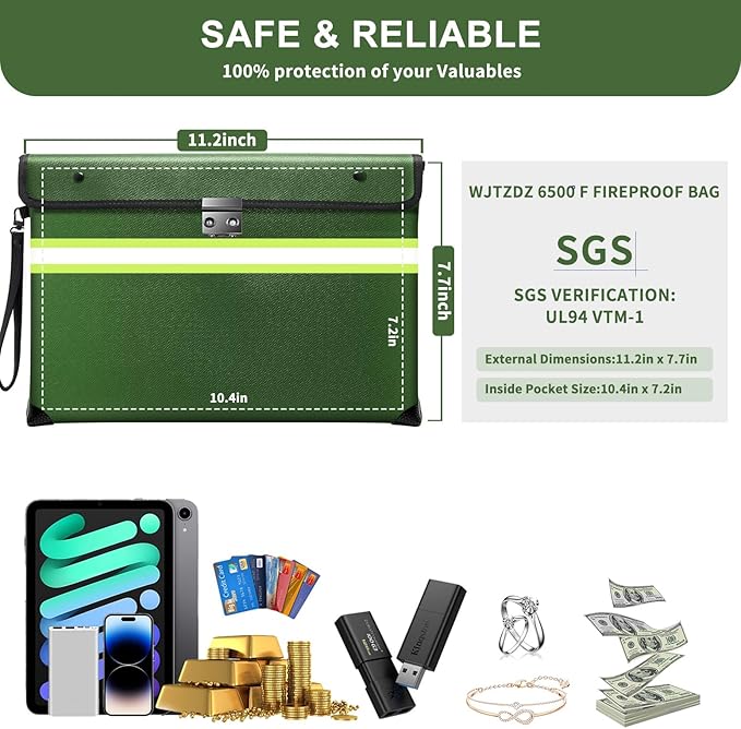 6500°F Upgraded Fireproof Money Bag with Lock,10 Layers of Heat Insulated Materials with Waterproof Zipper/Reflective Strip with Handle for Cash/Important Documents（Not Suitable for A4 Files）