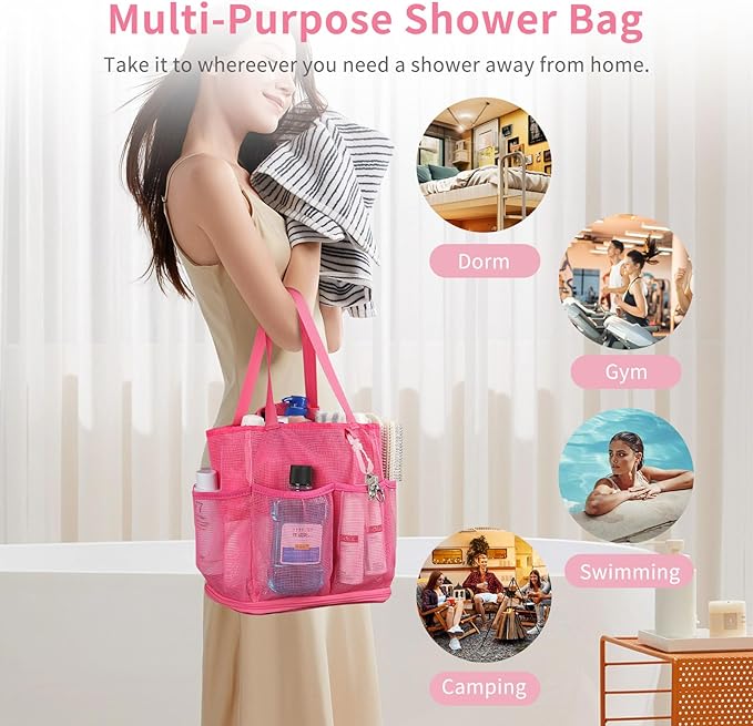 Mesh Shower Caddy Portable for College Dorm Room Essentials, Shower Tote Bag with Hanging Hook and Drawstring, Quick Dry Toiletry Bag with 6 Pockets for Bathroom, Swimming, Gym, Camping, Beach, Travel