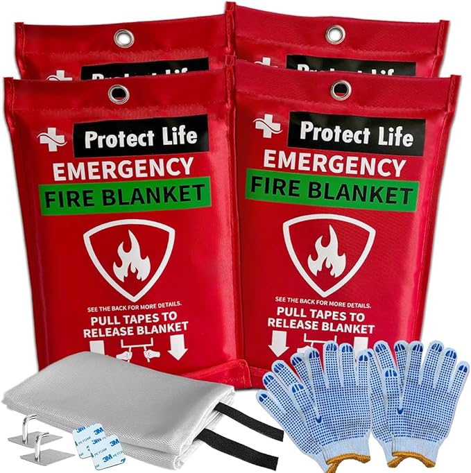 Protect Life Saving Emergency Fire Blankets 4 Pack - 40"x40", Fiberglass Fire Blanket for Home & Kitchen - Fire Suppression or Retardant Tarp - Fire Safety Kit for Car or Camping