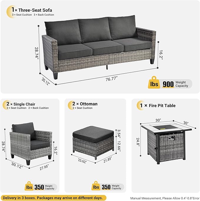 ovios 6 Pieces Patio Furniture Set with 30" Fire Pit Table, Outdoor Wicker Sofa with Comfy Cushions, All Weather High Back Rattan Couch Conversation Set, Black