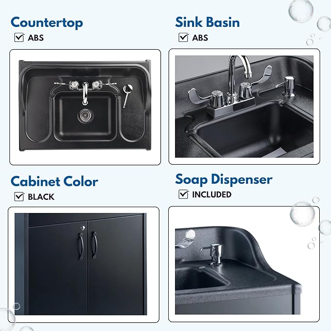 Ozark River Portable Sinks Premier Black, Black Laminate-ABS Sink, Mobile Self Contained Sink, Mobile Hand Washing Station, Portable Sink with Hot Water, Portable Sink Hand Wash Station, 110V