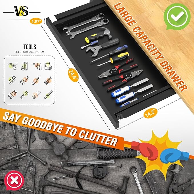 Solid Wood 60" Work Bench with Wheels, Heavy-Duty Workbench with Drawers, Adjustable Height Work Table with Power Outlets, 2000 LBS Capacity Workstation for Garage, Workshop(60" X 24")