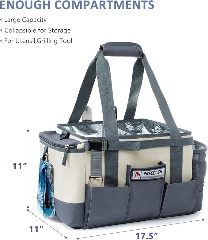 Large Grill Caddy - BBQ/Tailgating Accessories, Insulated Condiment Holder - Camping, Picnic, BBQ, Tailgating, Family Gathering - Ivory-Grey, 1 Gallon, 16"W x 11"D x 11.5"H