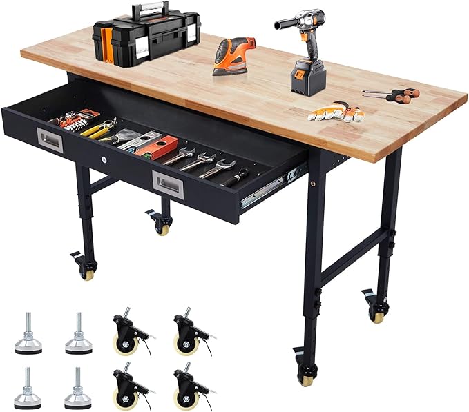 60" Work Bench, Heavy Duty Adjustable Height Table with Power Outlets, Portable Garage & Workshop Work Bench, 2000 LBS Capacity, Office, Home Use, Easy Assembly, Multipurpose Utility Table