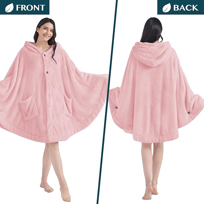 PAVILIA Angel Wrap Hooded Blanket Poncho, Wearable Blanket Throw Wrap Poncho for Women Adult, Cozy Fluffy Sherpa Fleece Shawl Cape with Hood pockets, Warm Gift for Mom Wife, Light Pink