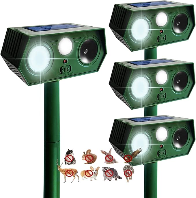 4 Pack 2025 Solar Animal Repeller Deer Repellent Devices Ultrasonic Cat Repellent Outdoor Motion Activated Animal Deterrent for Squirrel Rabbit Raccoon Skunk Dog Bird with Flash Lights for Yard Garden