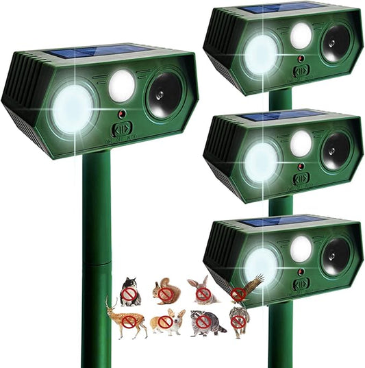 4 Pack 2025 Solar Animal Repeller Deer Repellent Devices Ultrasonic Cat Repellent Outdoor Motion Activated Animal Deterrent for Squirrel Rabbit Raccoon Skunk Dog Bird with Flash Lights for Yard Garden