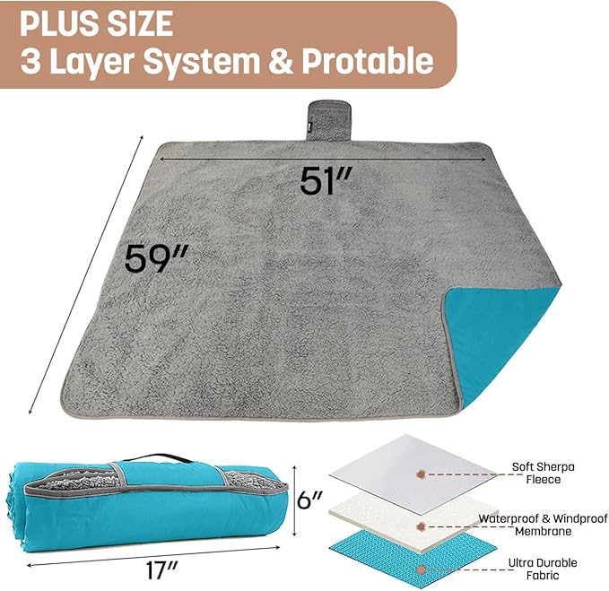 Tirrinia Waterproof Outdoor Blanket with Sherpa Lining, Windproof Triple Layers Warm Comfy Foldable for Camping Stadium, Beach, Picnic, Grass, Concerts, Car, Dog, 51''X 59'' & 59''X 80''