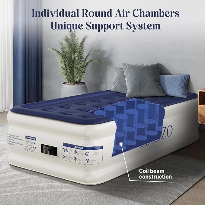 Air Mattress Twin with Built-in Pump, Blow Up Mattress with Soft Flocked Top, Leakproof Inflatable Mattress, Foldable Waterproof Air Bed for Home, Guests, Camping, with Storage Bag