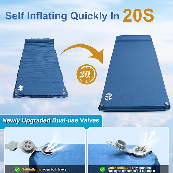 NYZ Self Inflating Sleeping Pad for Camping 3.1" Ultra-Thick Memory Foam Camping Mattress 20s Quick Inflation Camp Mat with Pillow Waterproof 4-Season for Camping Travel Tent Car