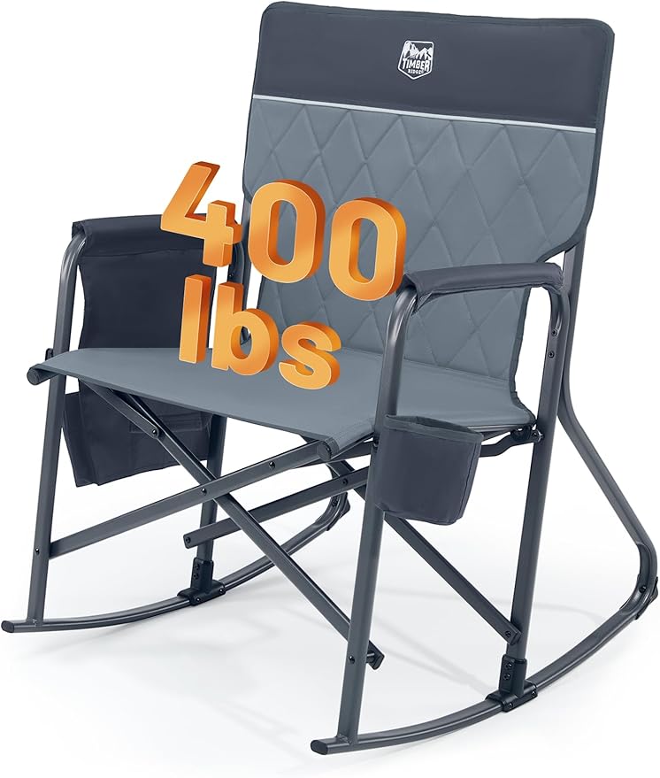 TIMBER RIDGE Folding Rocking Camping Chair, 400lbs Capacity Portable Oversized Outdoor Rocker with Hard Armrests, Cup Holder & Side Pocket, Quick-Fold Design for Outdoor, Patio, Lawn, Gray
