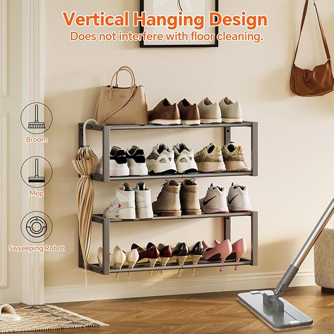 Homeiju Hanging Shoe Organizer,2 Pack Wall Mounted Shoe Rack Holds 12 Pairs,Space Saving Metal Wall Shoe Rack,Hanging Shoe Rack Shoe Holder for Small Space,Entryway,Closet,RV,Camper (Grey)