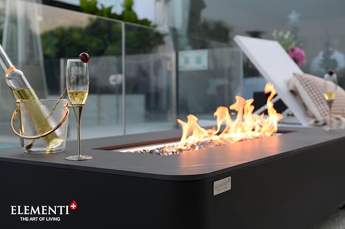 Elementi+ | Bundle Valencia Gas Fire Pit | Concrete Body & Marble Porcelain Top | 62" Rectangular Fire Table | Electronic Ignition | Canvas Cover, Fire Glass, Burner Lid & More | Black | Propane Gas