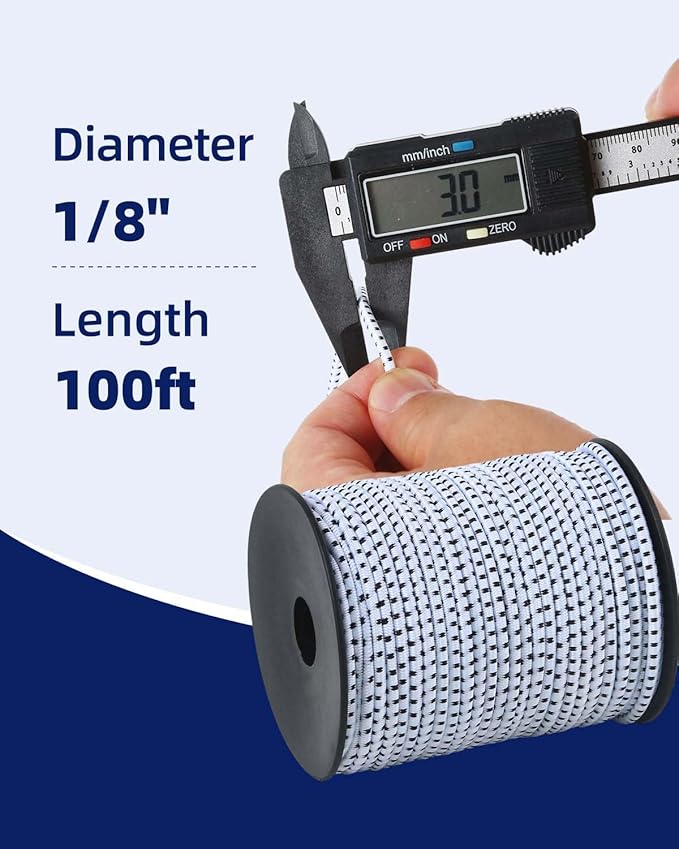 Bungee Cord - 1/8 Inch x 100 Feet - Elastic Shock Cord, Stretch Rope for Kayak, Crafts, Tie-Downs, DIY Projects - Flexible, High-Strength Bungee Rope (White with Black Trace)