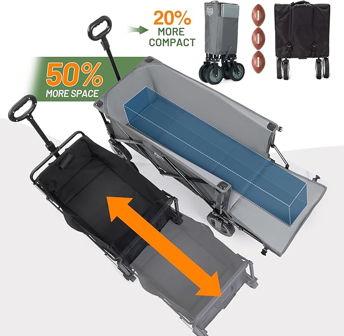 Timber Ridge 49" Extra Long Collapsible Folding Wagon with Tailgate and Brakes, 300lbs Heavy Duty Foldable Wagon with Adjustable Handle, 250L Capacity Portable Cart for Outdoor Camping Sports, Grey