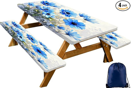 CAPSCEOLL Fitted Picnic Table Cover with Bench Covers with Elastic 6Ft Waterproof Camping Picnic Table Cover Cloths for Outdoors Camping Tablecloth with Drawstring Bag, 72X30in, Blue Flowers